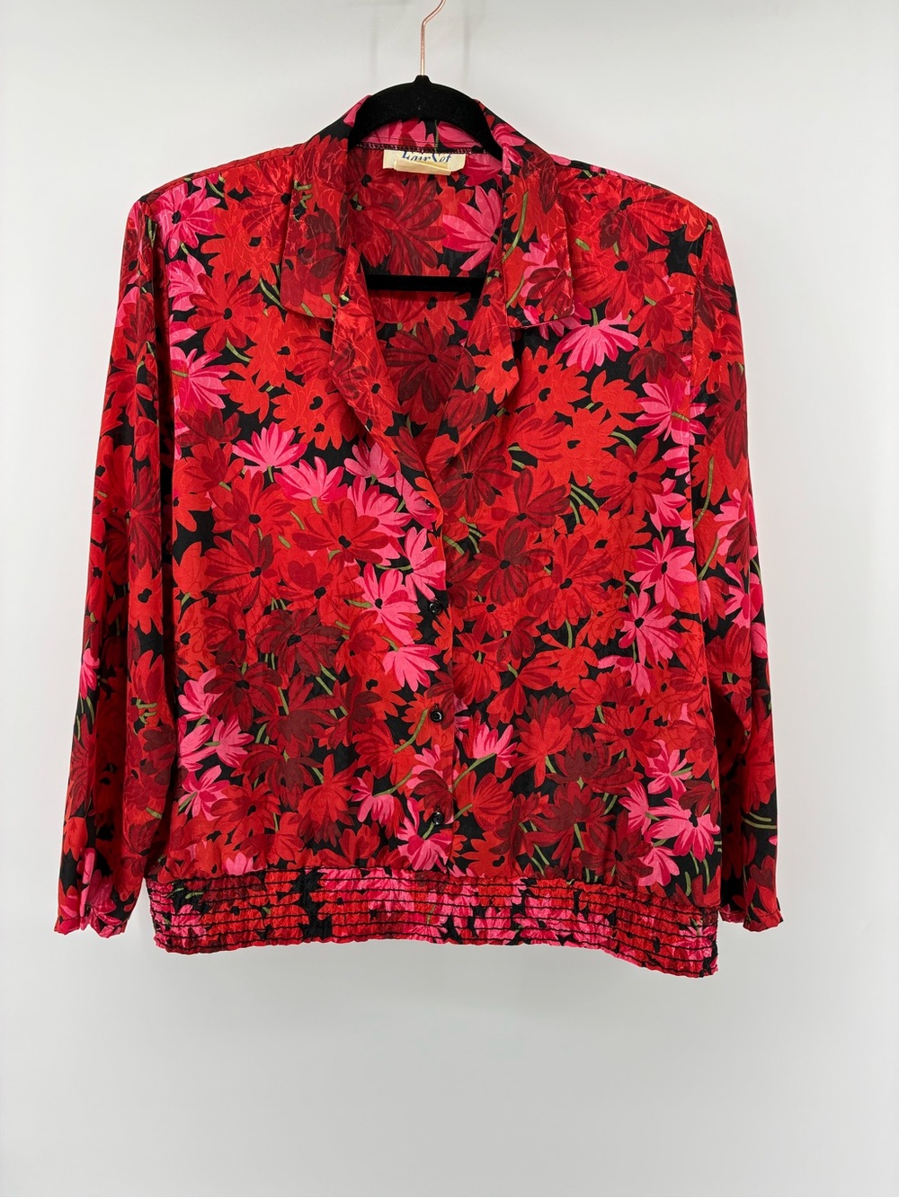 Bright Red Floral Button-Front Women’s Blouse